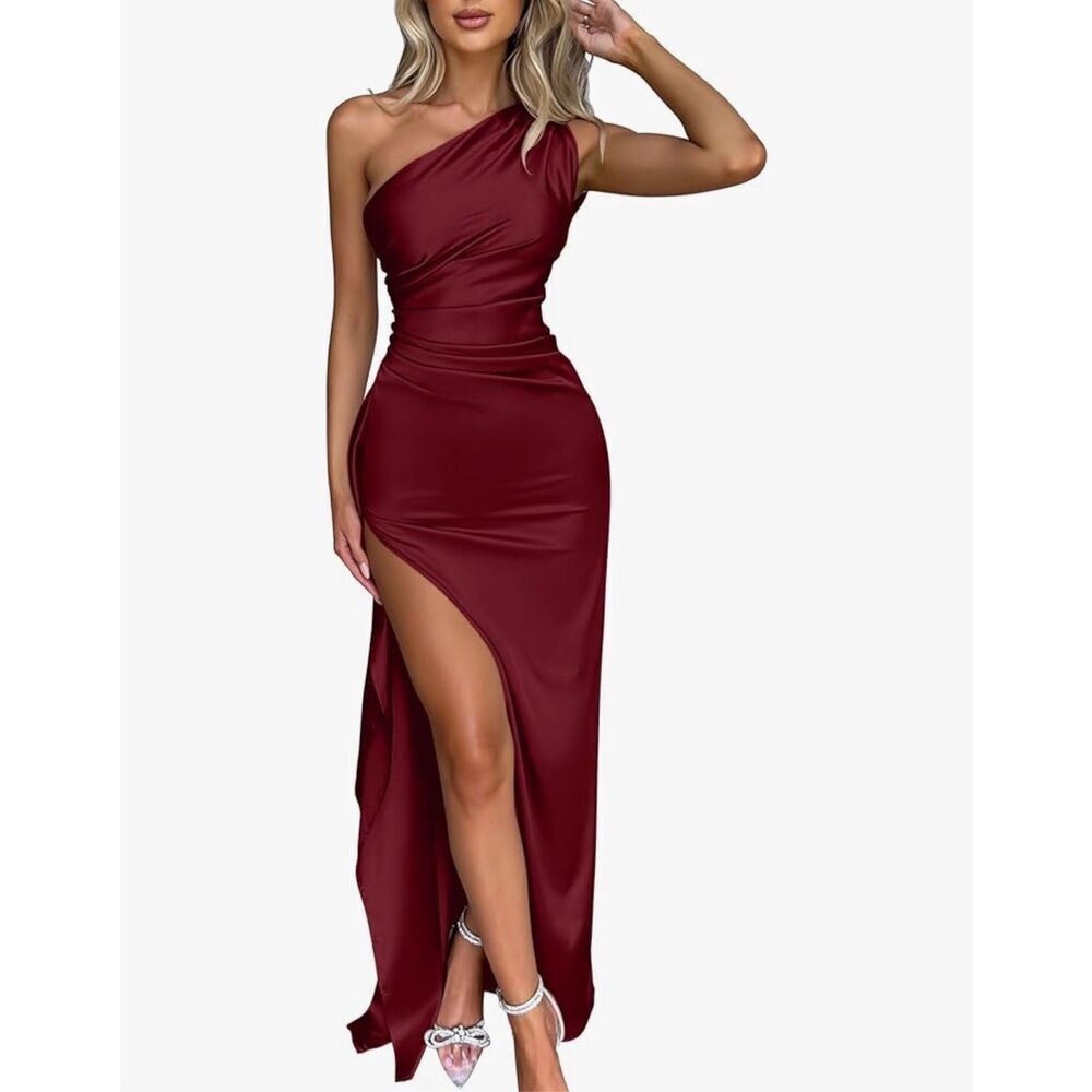 NEW 1 Shoulder High Split Cocktail Wedding Party Maxi Dress L